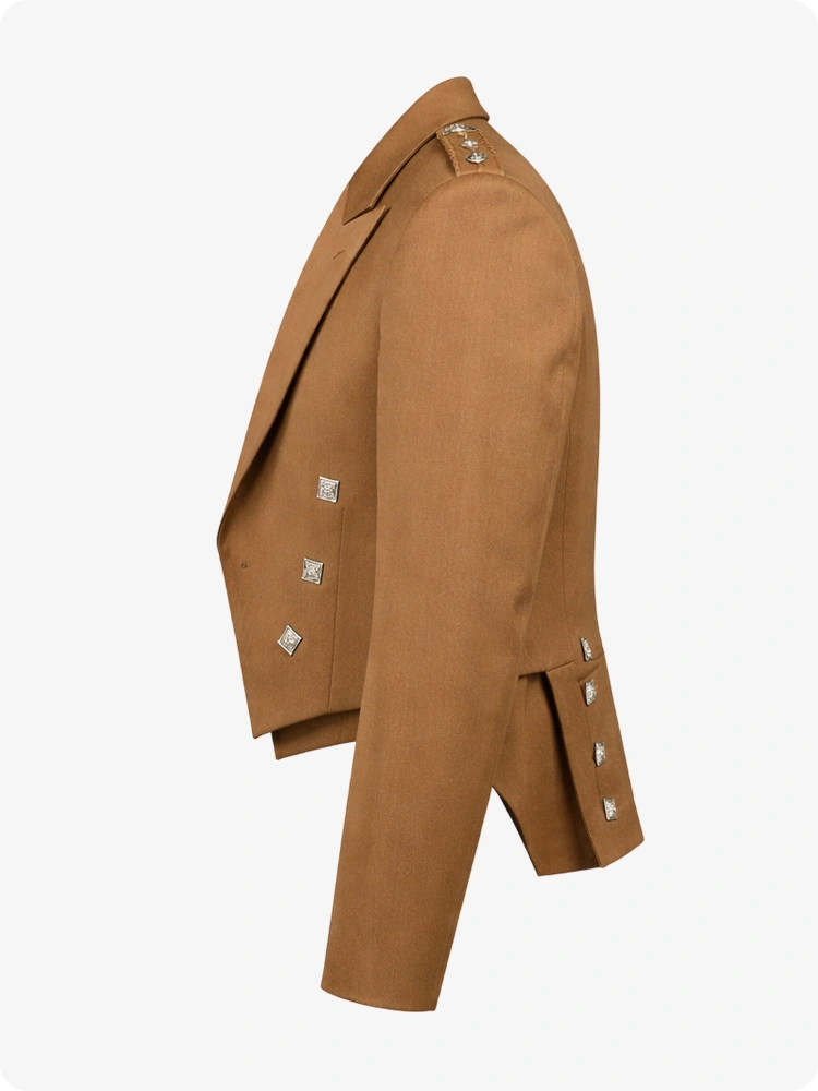 Tan Prince Charlie Kilt Jacket with Satin Lapels & Silver Square Buttons