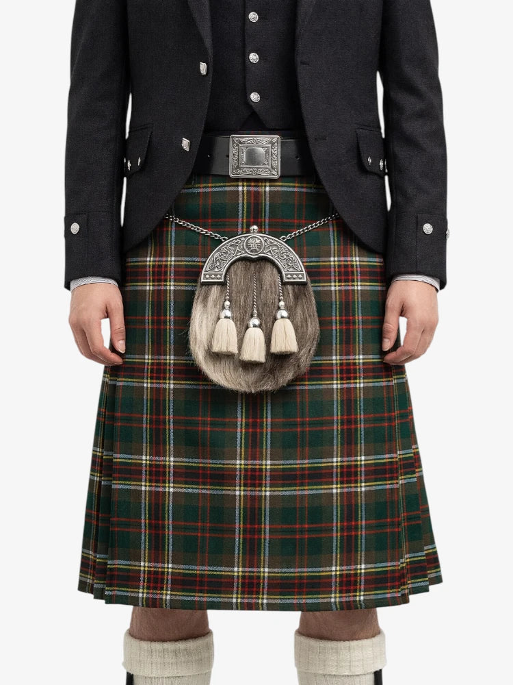 Person wearing a traditional Scottish kilt with a tartan pattern on a white background