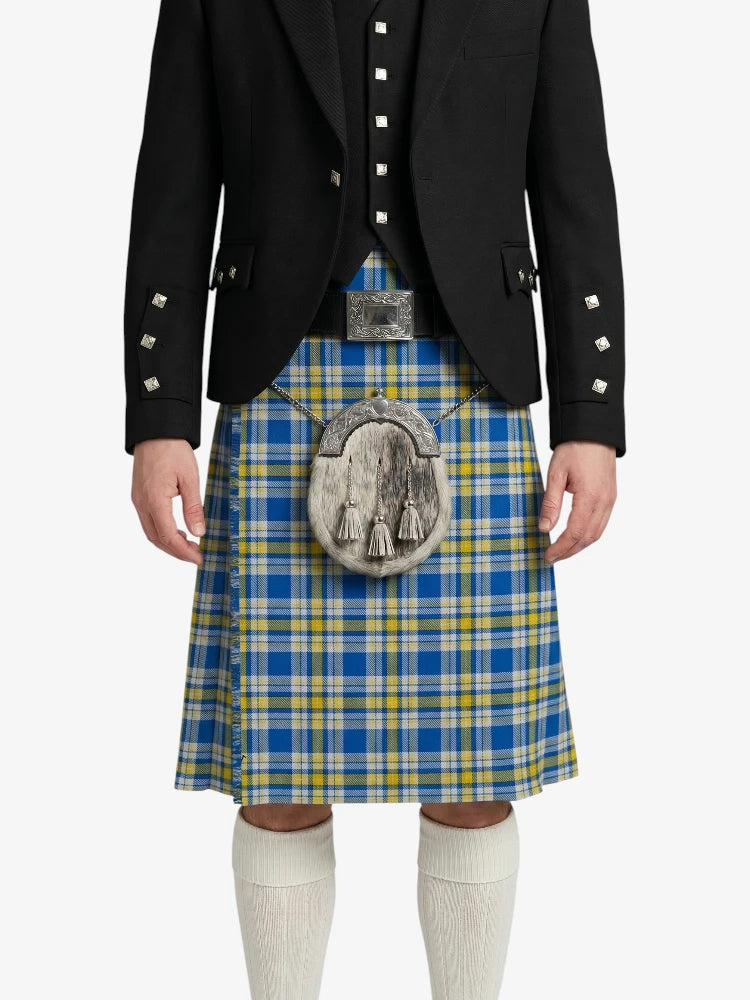Person wearing a blue and yellow plaid kilt with a black jacket on a white background