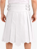 White pleated skirt with silver buckles on a white background