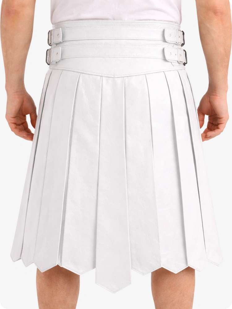 White pleated skirt with silver buckles on a white background