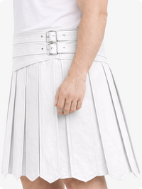 White pleated skirt with a belt on a white background