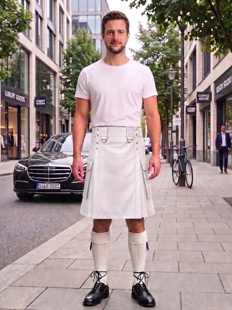 A man stands on a city sidewalk wearing a white short-sleeve t-shirt and a white kilt with belt loops, paired with white knee-high socks and black leather shoes. Buildings, trees, a parked black car, and a bicycle are visible in the background.