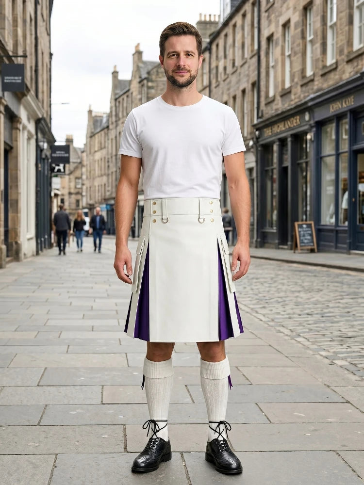 White Leather Kilt With Purple Pleats Front Side