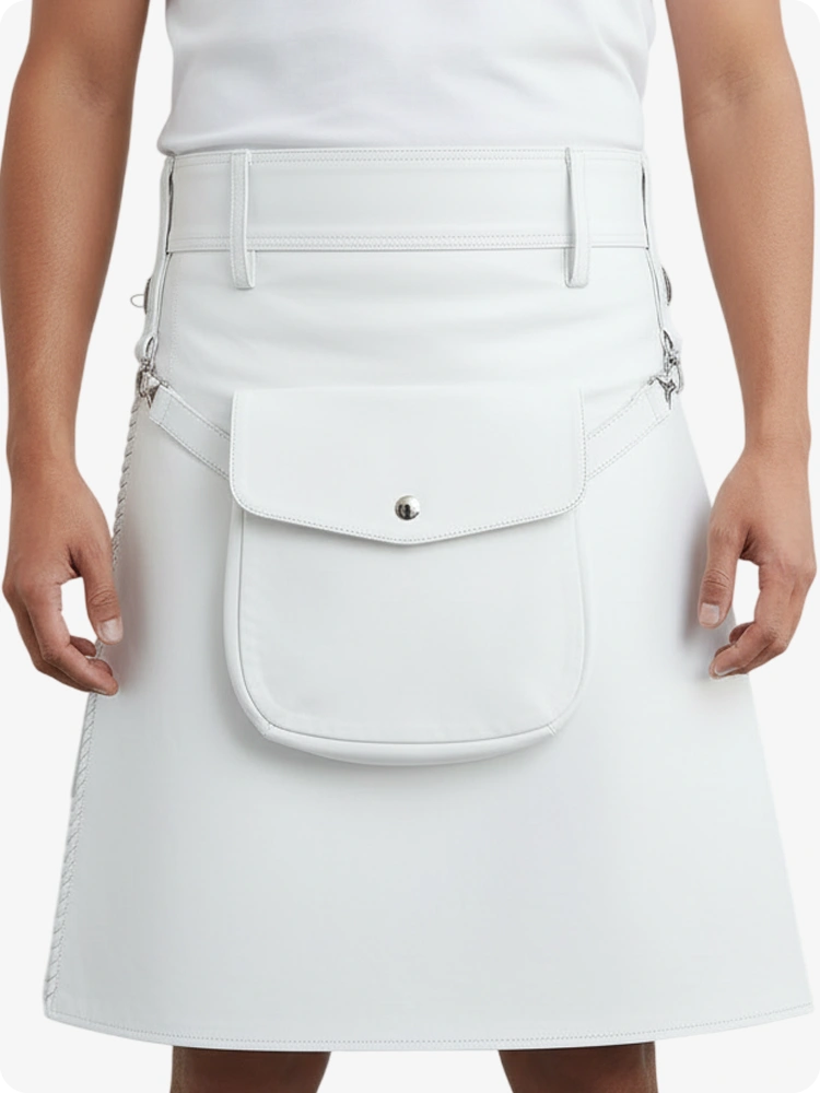 White denim skirt with a front pocket worn by a person