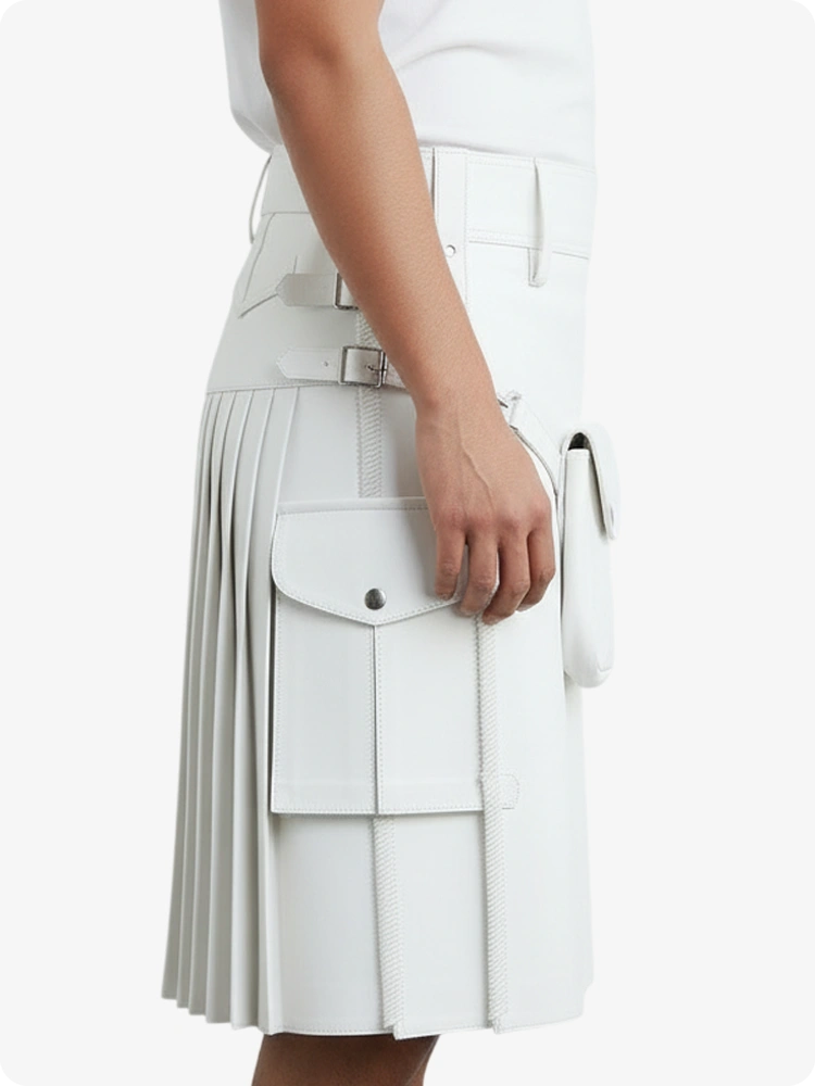 White pleated skirt worn by a person on a white background