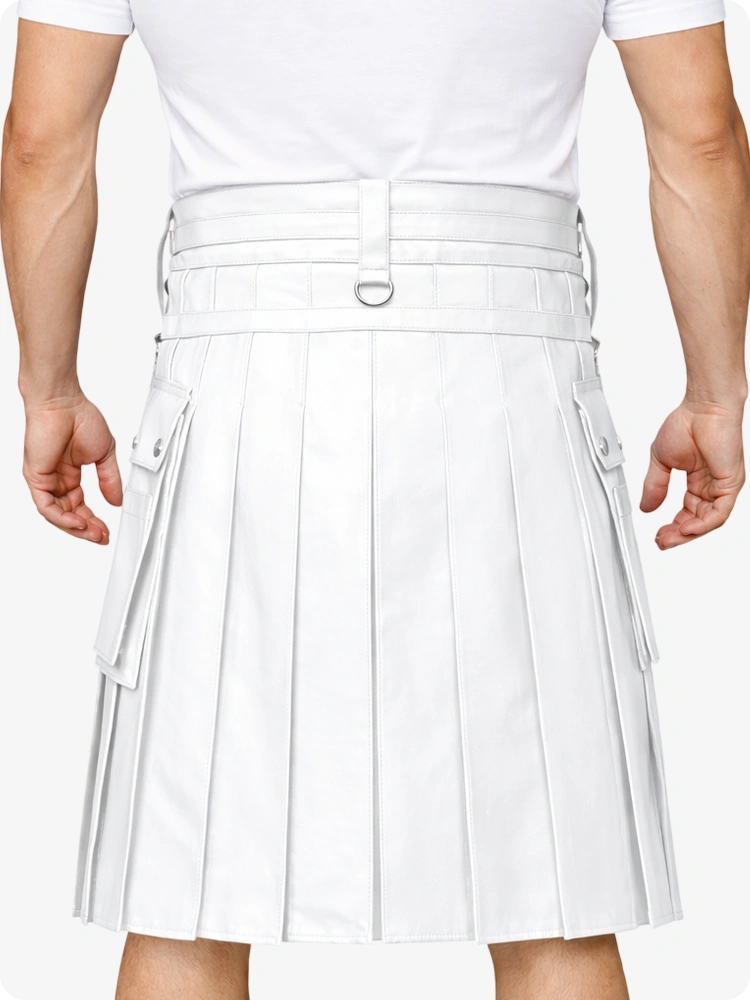 White Leather Utility Kilt with Chain Detailing & Adjustable Straps