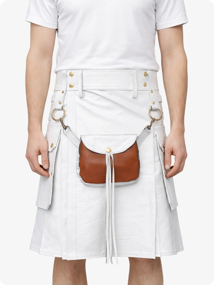 White Leather Utility Kilt with Front Sporran