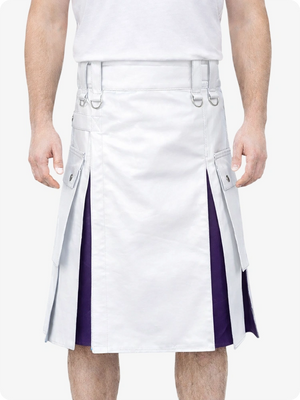 White Leather Utility Kilt with Purple Pleats, Side Pockets & D-Ring Hardware