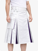 White pleated skirt with purple stripes worn by a person on a white background