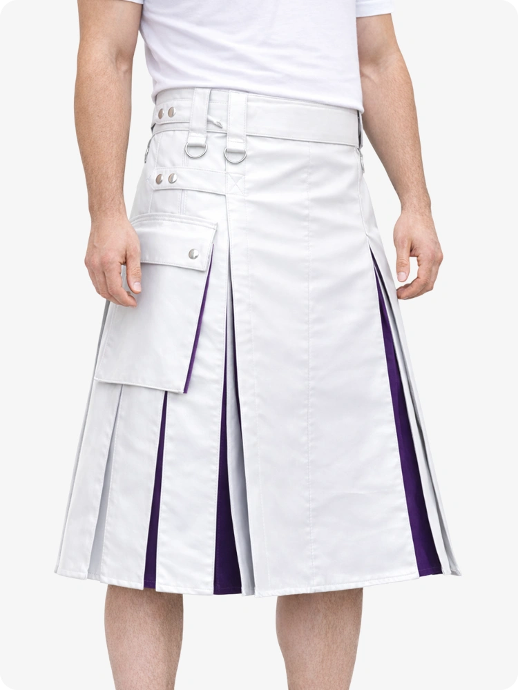 White Leather Utility Kilt with Purple Pleats, Side Pockets & D-Ring Hardware