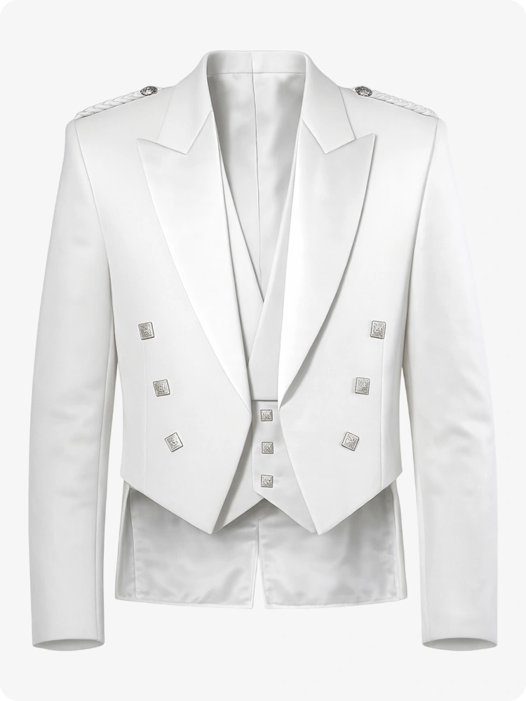 White Prince Charlie Kilt Jacket with Satin Lapels & Silver Square Buttons