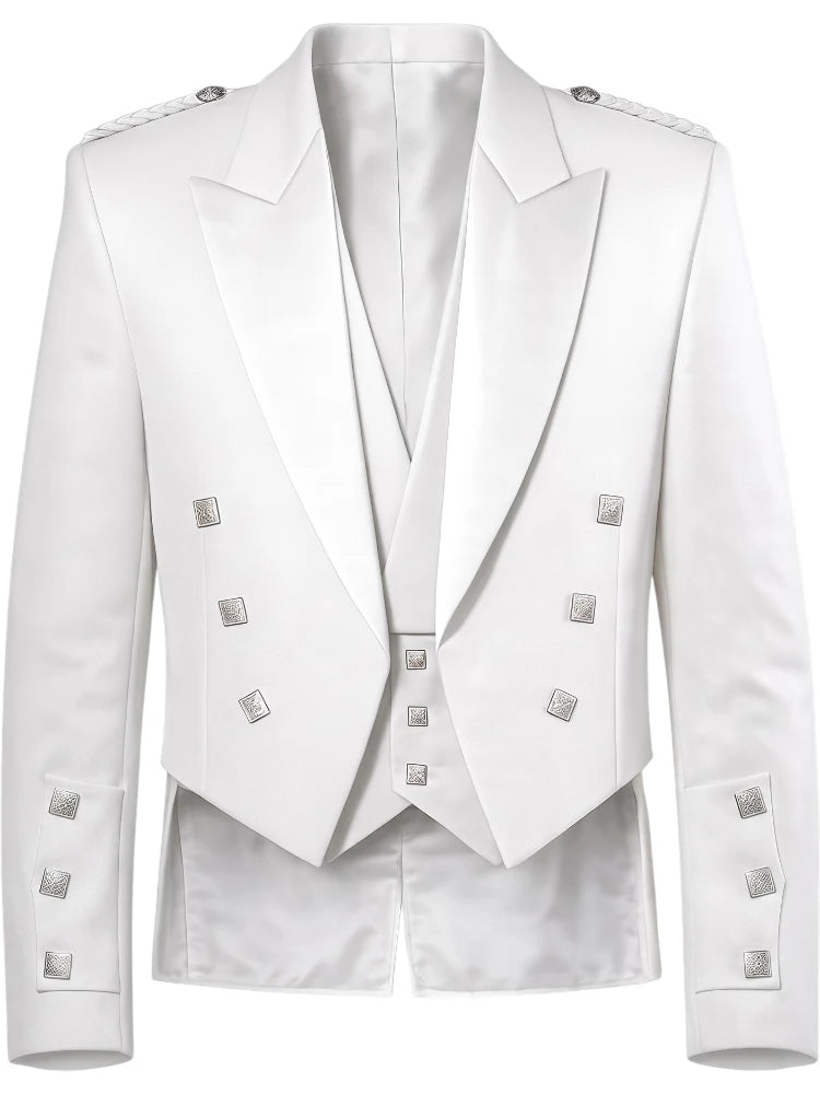 A white double-breasted tuxedo jacket with silver metallic studs and lapel details, shown against a plain white background.
