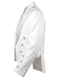 A white double-breasted blazer with silver decorative buttons and embellished lapels, shown in a side profile view against a plain white background.