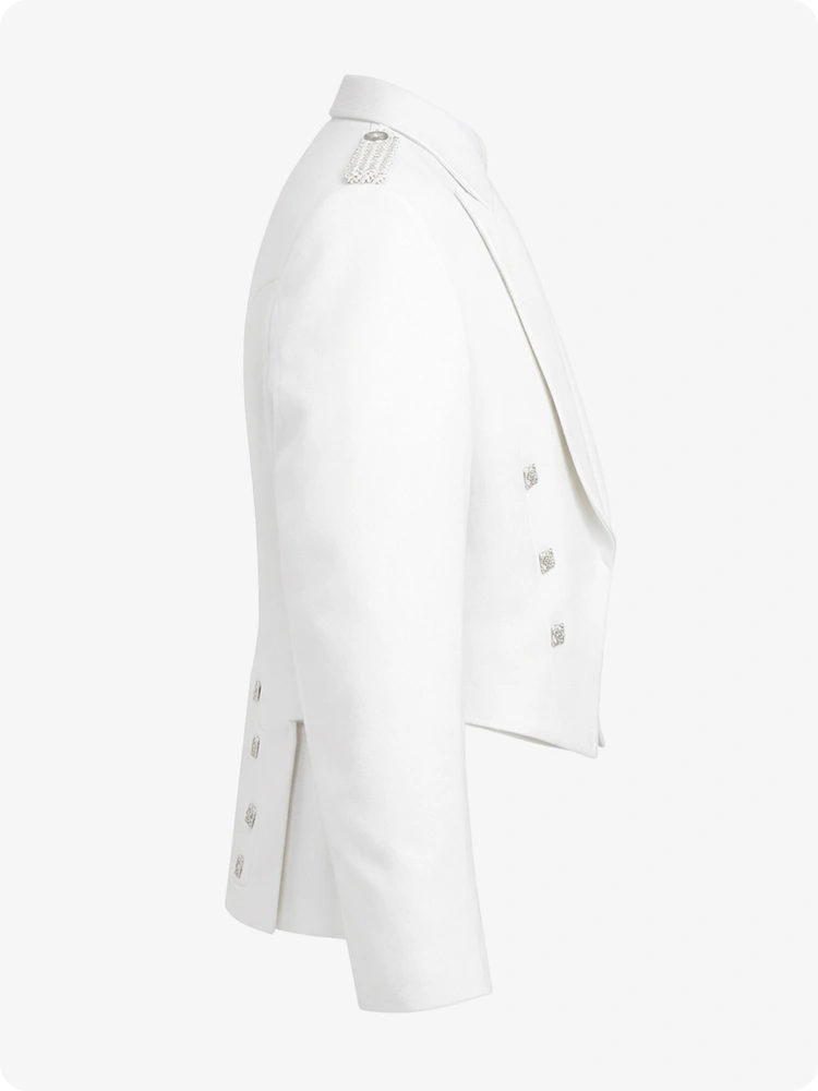 White Prince Charlie Kilt Jacket with Satin Lapels & Silver Square Buttons