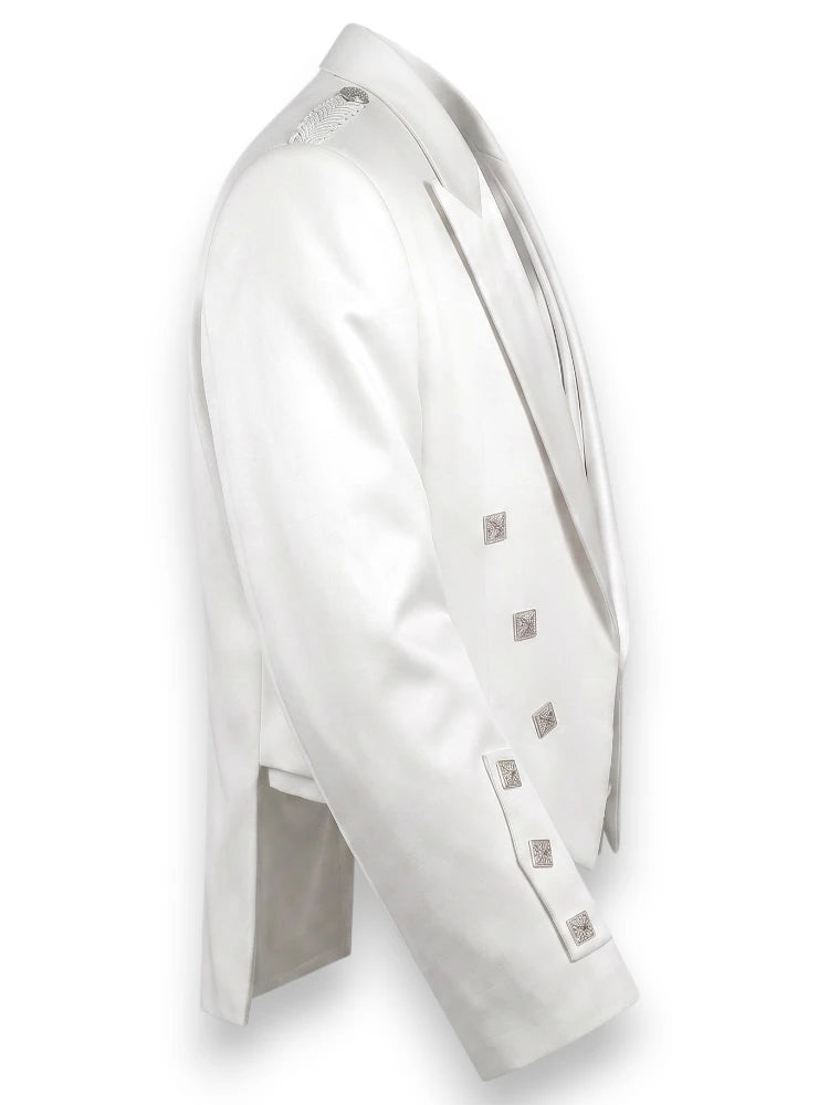 A white double-breasted tuxedo jacket shown from a side profile view, featuring decorative silver-toned studs on the front and lapels, set against a plain white background.