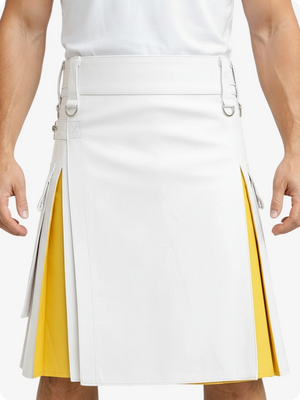 White & Yellow Leather Utility Kilt with Cargo Pockets