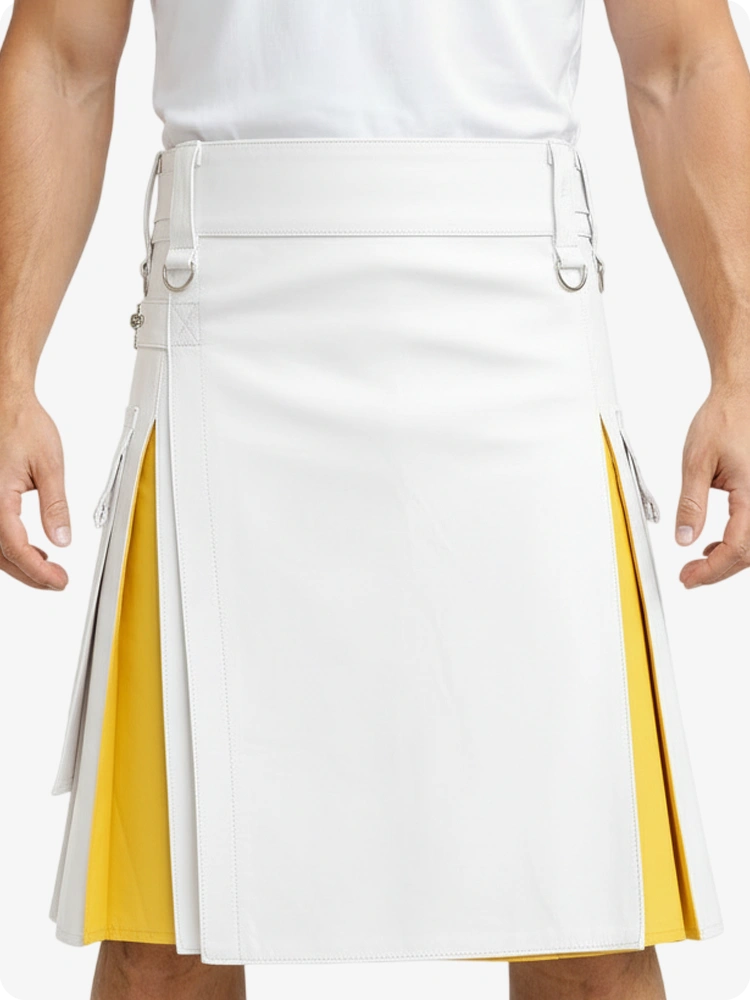 White kilt with yellow accents worn by a person