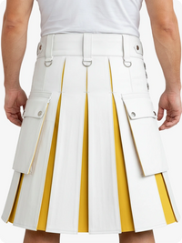 White pleated skirt with yellow accents worn by a person on a white background