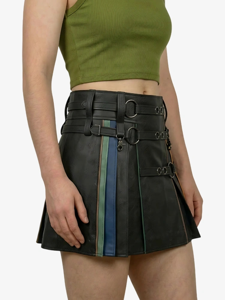 Women Leather Rainbow Kilt With Ring Straps