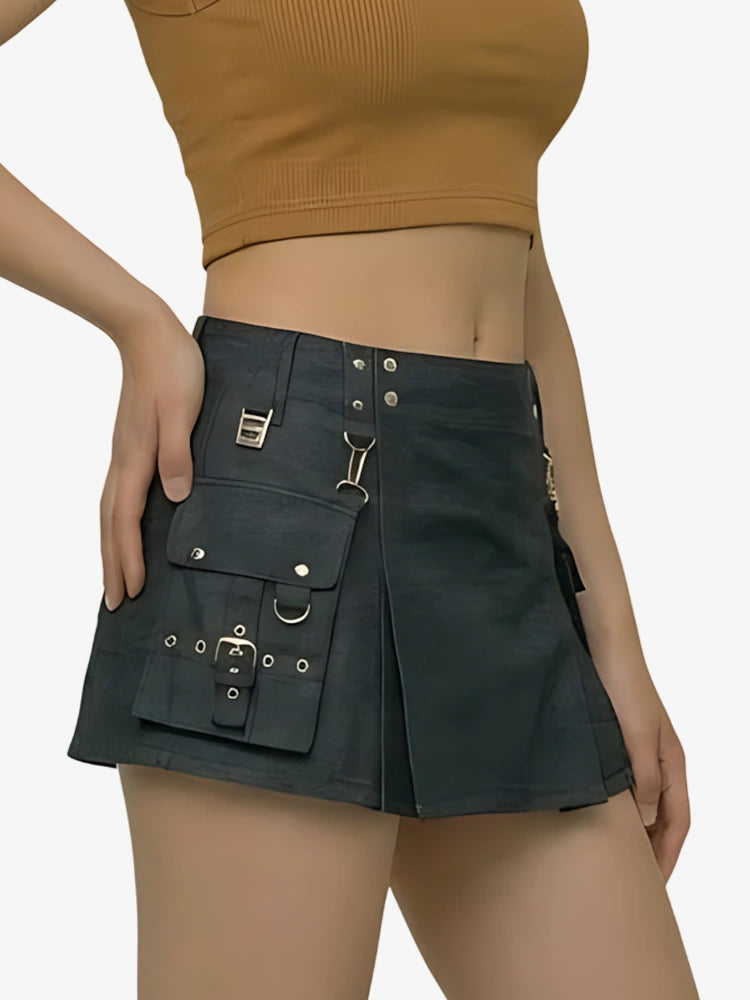 Women Premium Black Denim Utility Kilt