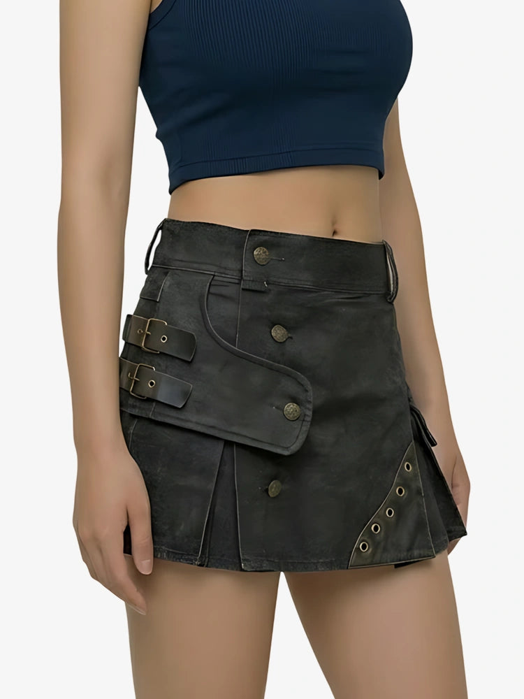 Women Black Denim Utility Strap Kilt
