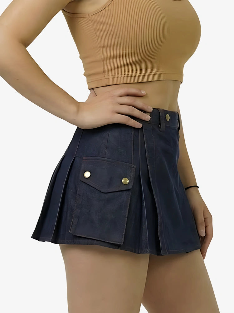 Women Navy Blue Denim Kilt With Red Thread