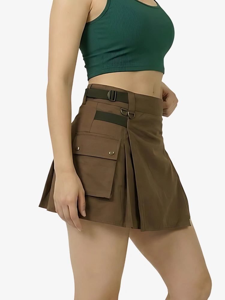 Person wearing a green crop top and brown cargo skirt on a white background