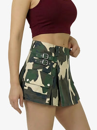 Camouflage skirt with belt details worn by a person on a white background
