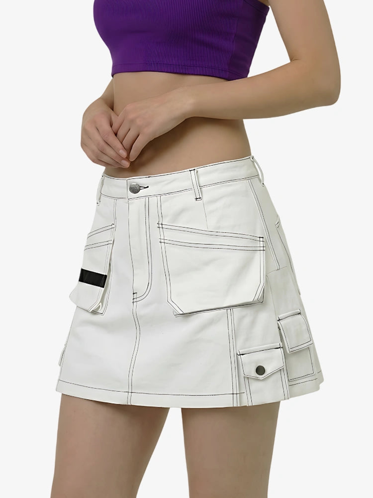 White cargo skirt worn by a person on a white background