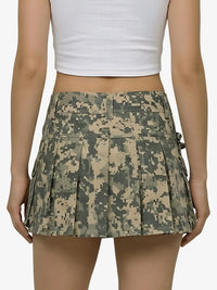 Camouflage skirt worn by a person on a white background