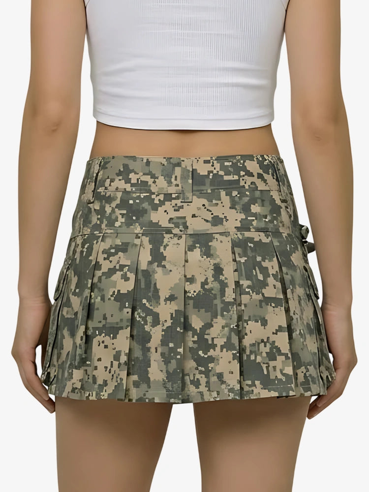 Camouflage skirt worn by a person on a white background