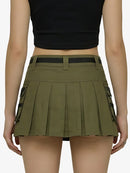 Green pleated skirt with black belt and pockets on a white background