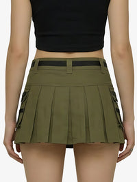 Green pleated skirt with black belt and pockets on a white background