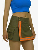 Person wearing a green skirt with orange reflective stripes and a blue top on a white background