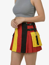 Person wearing a colorful striped skirt with a tool belt on a white background