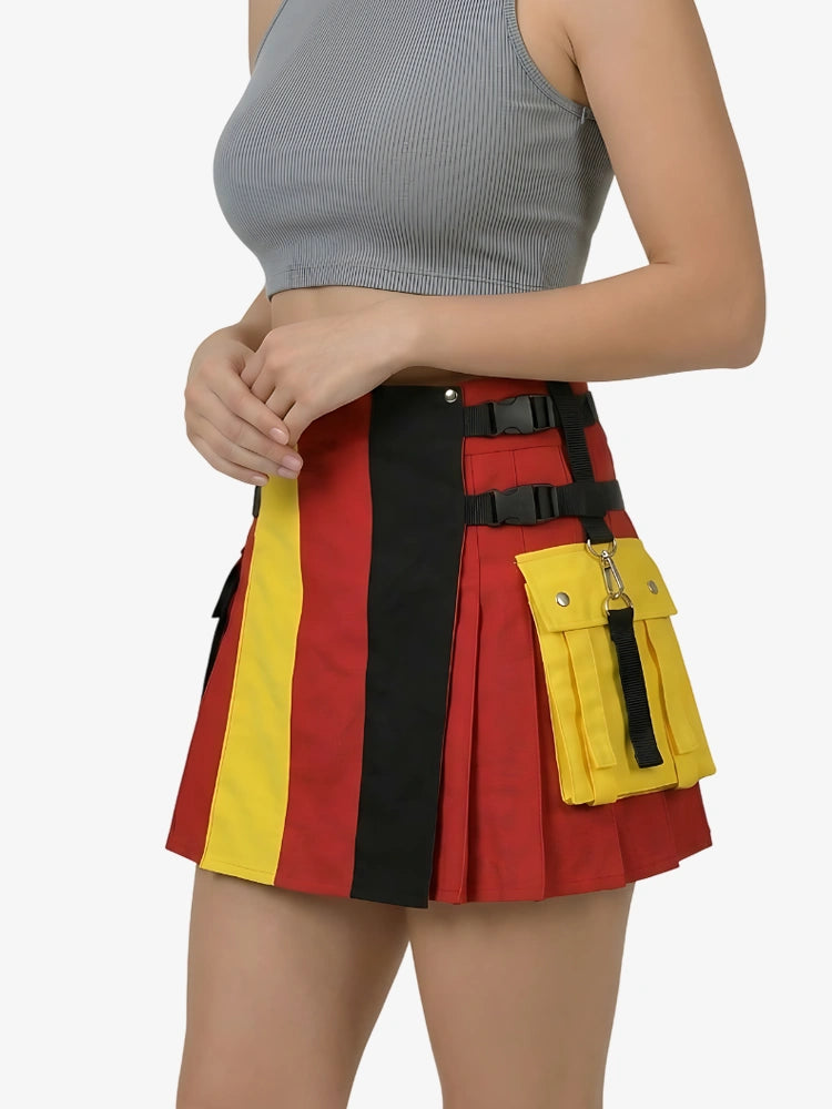 Person wearing a colorful striped skirt with a tool belt on a white background