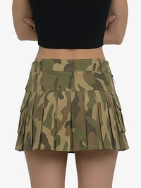 Camouflage skirt worn by a person on a white background