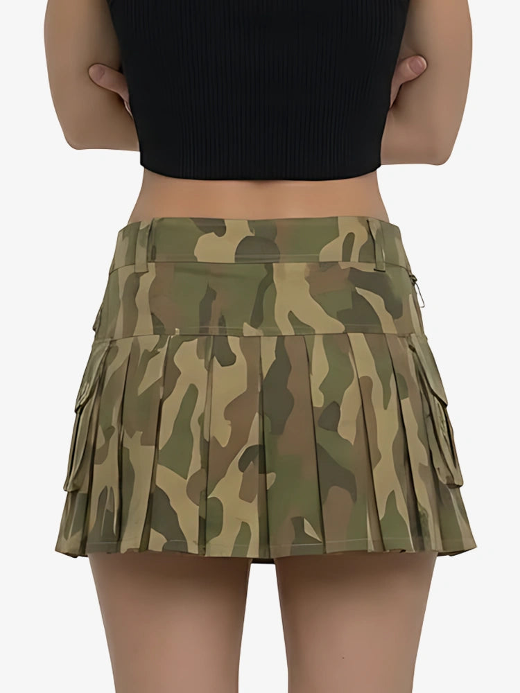 Camouflage skirt worn by a person on a white background