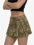 Camouflage skirt worn by a person on a white background