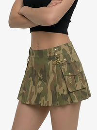 Camouflage skirt worn by a person on a white background