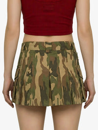 Camouflage skirt worn by a person on a white background