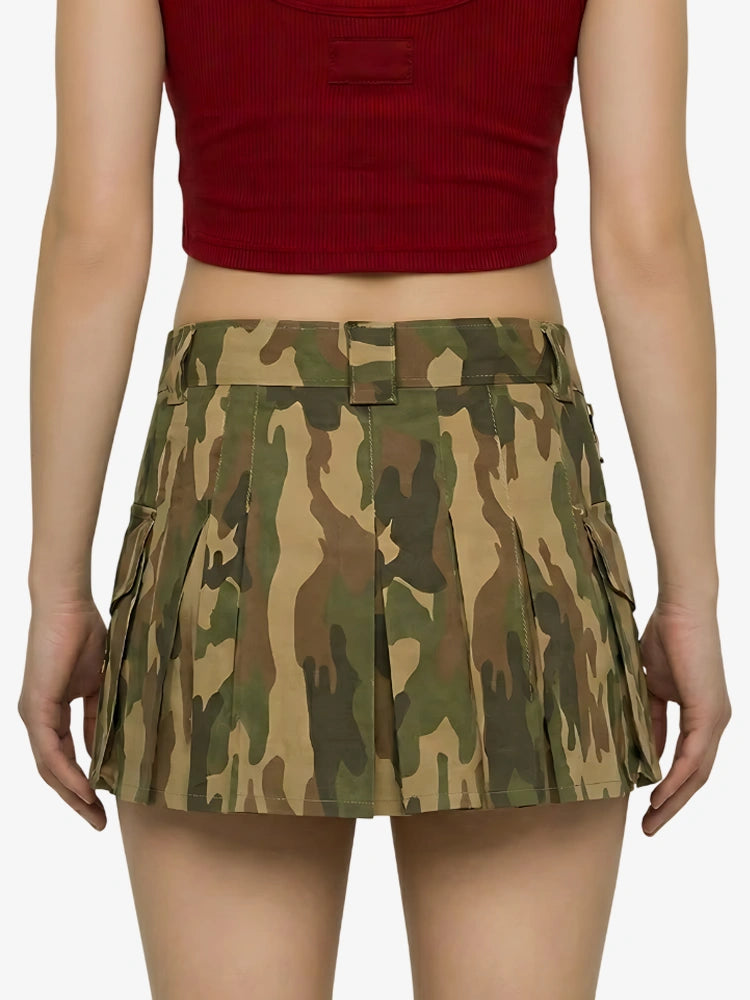 Camouflage skirt worn by a person on a white background