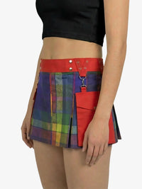 Multicolored plaid skirt with red waistband on a plain background