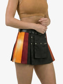 Multicolored striped skirt with a black belt worn by a person on a white background