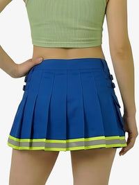 Blue pleated skirt with reflective stripes worn by a person on a white background