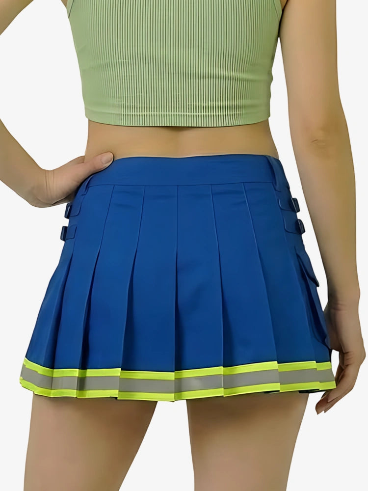 Blue pleated skirt with reflective stripes worn by a person on a white background