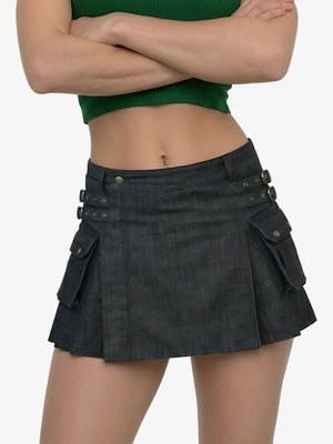 Women Scottish Black Denim Utility Kilt