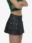 Black pleated skirt with belt and pockets on a white background