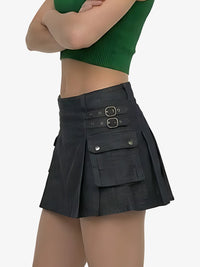 Black skirt with belt and pocket details on a white background